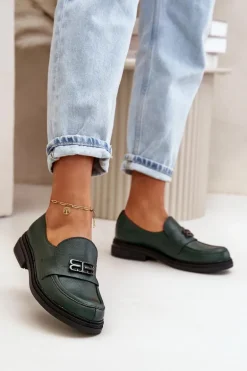 Zazoo 20174 Skórzane Eleganckie Półbuty Damskie Na Płaskim Obcasie Ciemnozielone