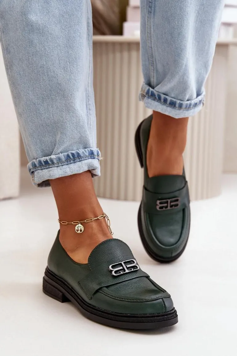 Zazoo 20174 Skórzane Eleganckie Półbuty Damskie Na Płaskim Obcasie Ciemnozielone