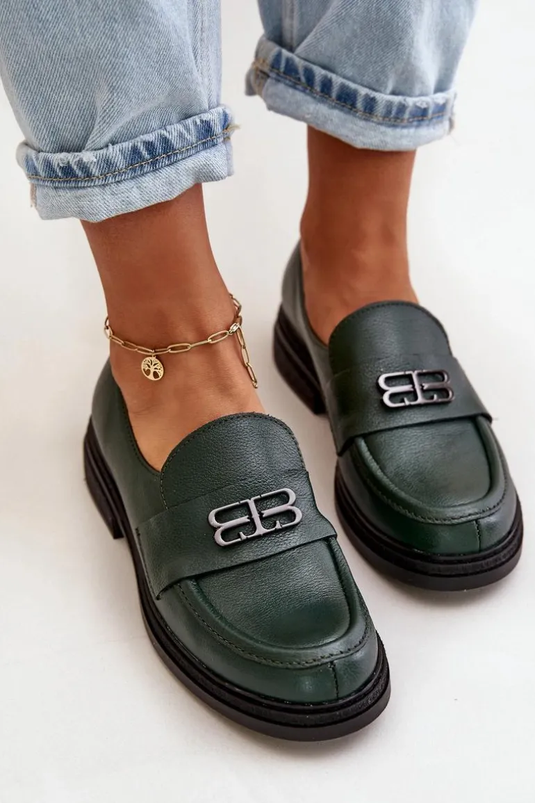 Zazoo 20174 Skórzane Eleganckie Półbuty Damskie Na Płaskim Obcasie Ciemnozielone