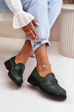 Zazoo 20174 Skórzane Eleganckie Półbuty Damskie Na Płaskim Obcasie Ciemnozielone