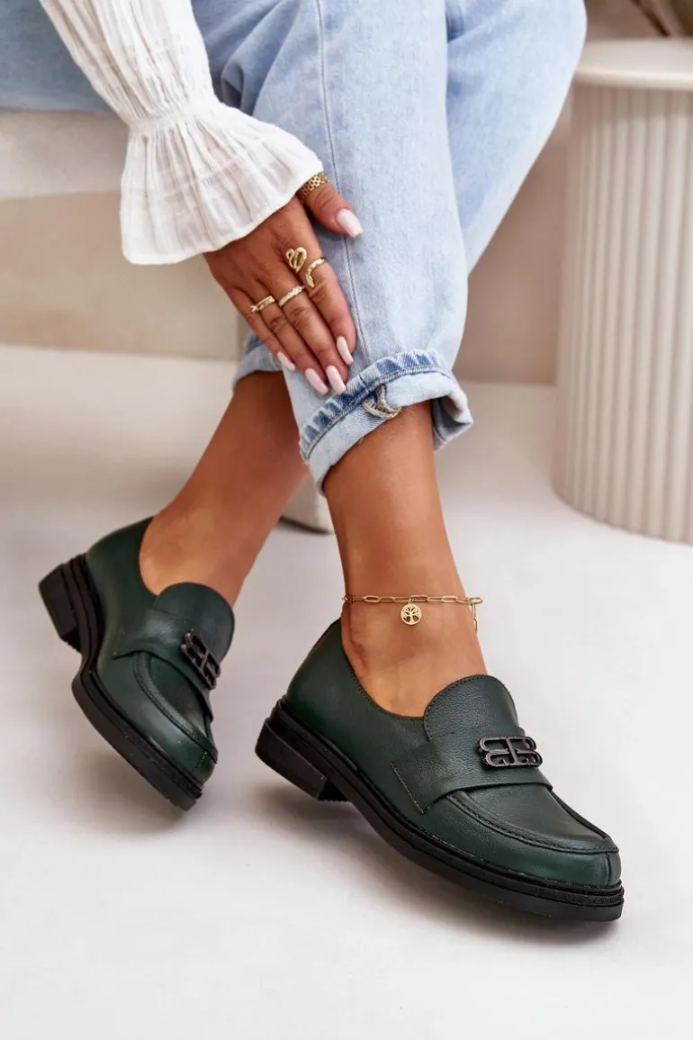 Zazoo 20174 Skórzane Eleganckie Półbuty Damskie Na Płaskim Obcasie Ciemnozielone