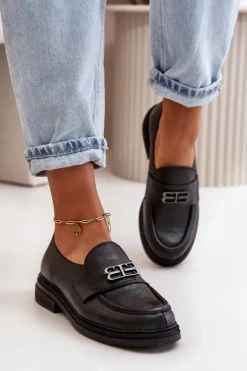 Zazoo 20174 Skórzane Eleganckie Półbuty Damskie Na Płaskim Obcasie Czarne