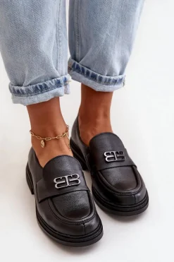 Zazoo 20174 Skórzane Eleganckie Półbuty Damskie Na Płaskim Obcasie Czarne