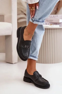 Zazoo 20174 Skórzane Eleganckie Półbuty Damskie Na Płaskim Obcasie Czarne