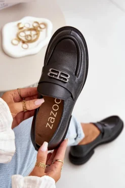 Zazoo 20174 Skórzane Eleganckie Półbuty Damskie Na Płaskim Obcasie Czarne