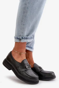 Zazoo 20174 Skórzane Eleganckie Półbuty Damskie Na Płaskim Obcasie Czarne