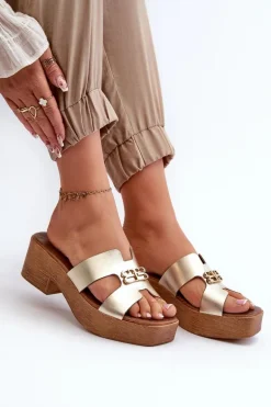 Zazoo 40412 Skórzane Eleganckie Klapki Damskie Z Ozdobą Złote