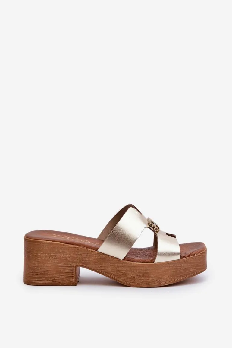 Zazoo 40412 Skórzane Eleganckie Klapki Damskie Z Ozdobą Złote