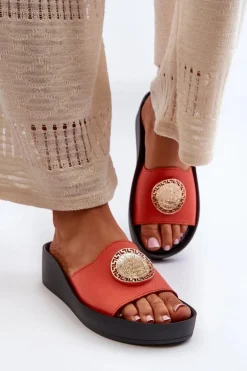 Zazoo 2920 Skórzane Klapki Damskie Na Koturnie Ze Złotym Detalem Pomarańczowe