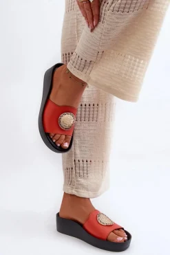 Zazoo 2920 Skórzane Klapki Damskie Na Koturnie Ze Złotym Detalem Pomarańczowe