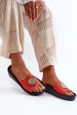 Zazoo 2920 Skórzane Klapki Damskie Na Koturnie Ze Złotym Detalem Pomarańczowe