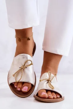 Zazoo 2659 Skórzane Klapki Damskie Biało-Złote