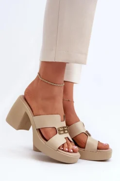 Zazoo 40419 Skórzane Klapki Damskie Z Wycięciami I Ozdobą Beżowe