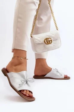 Zazoo 2659 Skórzane Klapki Damskie Srebrne