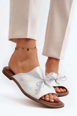 Zazoo 2659 Skórzane Klapki Damskie Srebrne