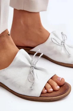 Zazoo 2659 Skórzane Klapki Damskie Srebrne