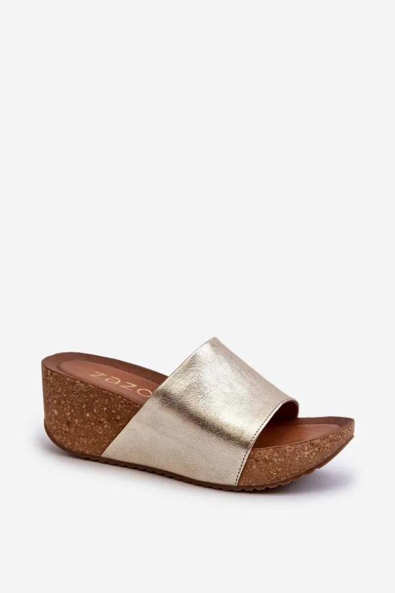 Zazoo 40289 Skórzane Klapki Damskie Na Korkowym Koturnie Złote