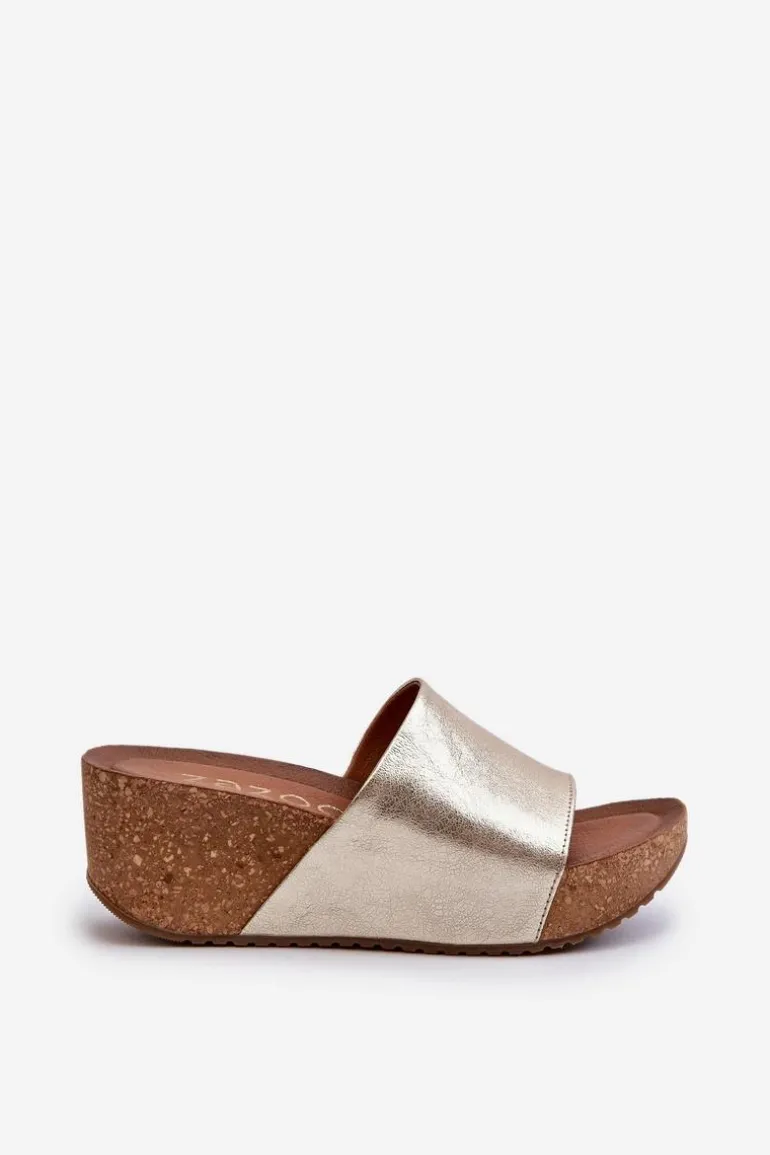 Zazoo 40289 Skórzane Klapki Damskie Na Korkowym Koturnie Złote