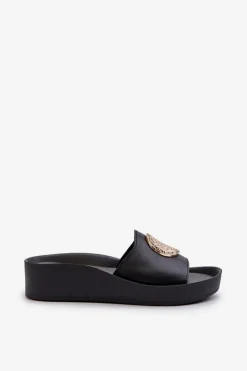 Zazoo 2920 Skórzane Klapki Damskie Na Koturnie Ze Złotym Detalem Czarne