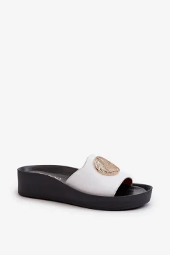 Zazoo 2920 Skórzane Klapki Damskie Na Koturnie Ze Złotym Detalem Białe