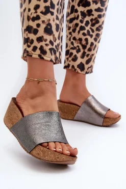 Zazoo 40291 Skórzane Klapki Damskie Na Korkowym Koturnie Grafitowe