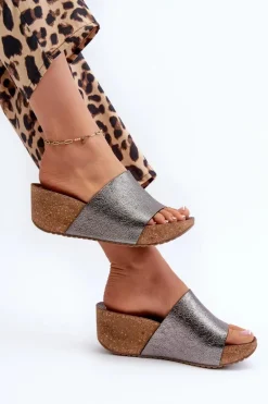 Zazoo 40291 Skórzane Klapki Damskie Na Korkowym Koturnie Grafitowe