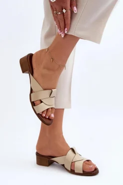 Zazoo 40236 Skórzane Klapki Damskie Na Niskim Obcasie Beżowe