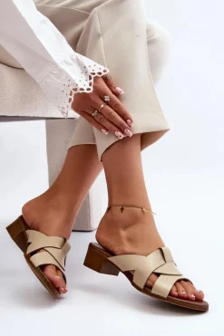 Zazoo 40236 Skórzane Klapki Damskie Na Niskim Obcasie Beżowe