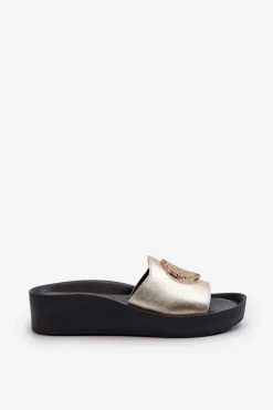 Zazoo 2920 Skórzane Klapki Damskie Na Koturnie Ze Złotym Detalem Złote