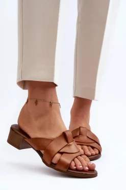 Zazoo 40236 Skórzane Klapki Damskie Na Niskim Obcasie Brązowe