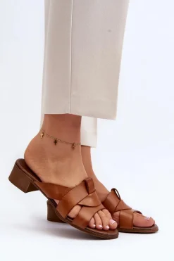 Zazoo 40236 Skórzane Klapki Damskie Na Niskim Obcasie Brązowe