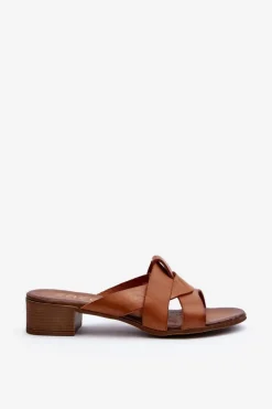 Zazoo 40236 Skórzane Klapki Damskie Na Niskim Obcasie Brązowe