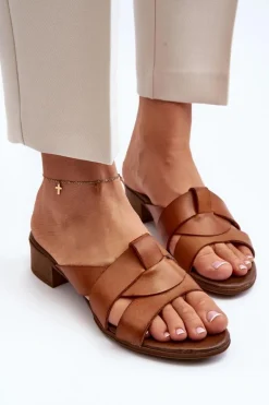 Zazoo 40236 Skórzane Klapki Damskie Na Niskim Obcasie Brązowe