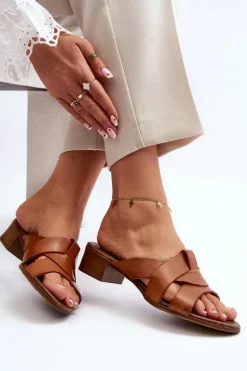 Zazoo 40236 Skórzane Klapki Damskie Na Niskim Obcasie Brązowe