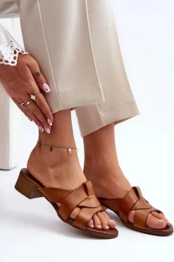 Zazoo 40236 Skórzane Klapki Damskie Na Niskim Obcasie Brązowe