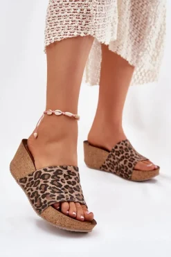 Zazoo 40289 Skórzane Klapki Damskie Na Korkowym Koturnie Panterka