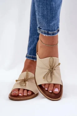 Zazoo 2659 Skórzane Klapki Damskie Beżowe