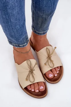 Zazoo 2659 Skórzane Klapki Damskie Beżowe