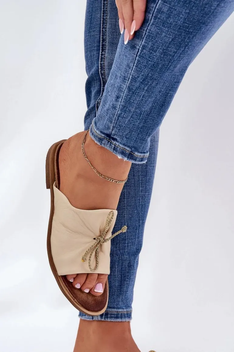 Zazoo 2659 Skórzane Klapki Damskie Beżowe