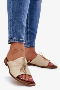 Zazoo 2659 Skórzane Klapki Damskie Beżowe