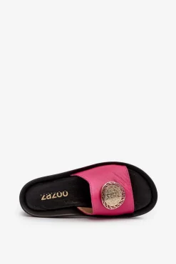 Zazoo 2920 Skórzane Klapki Damskie Na Koturnie Ze Złotym Detalem Fuksja