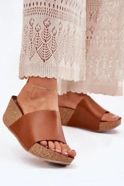 Zazoo 40291 Skórzane Klapki Damskie Na Korkowym Koturnie Brązowe