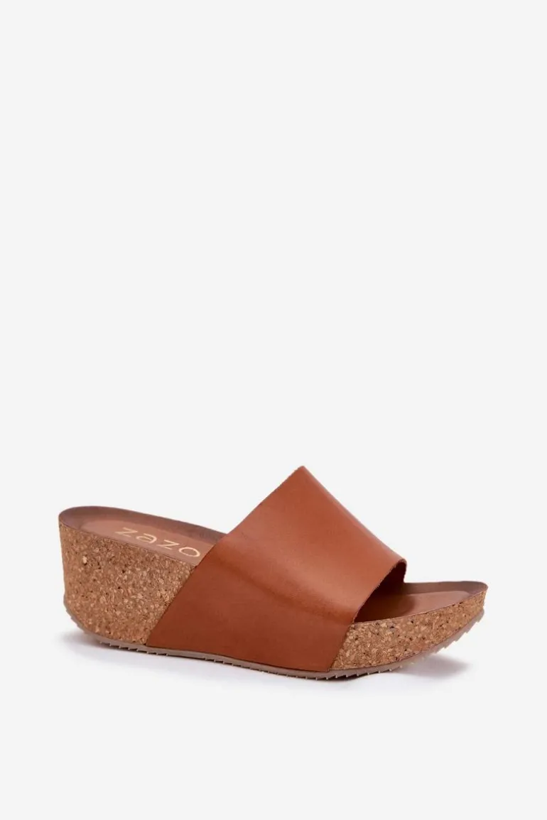 Zazoo 40291 Skórzane Klapki Damskie Na Korkowym Koturnie Brązowe