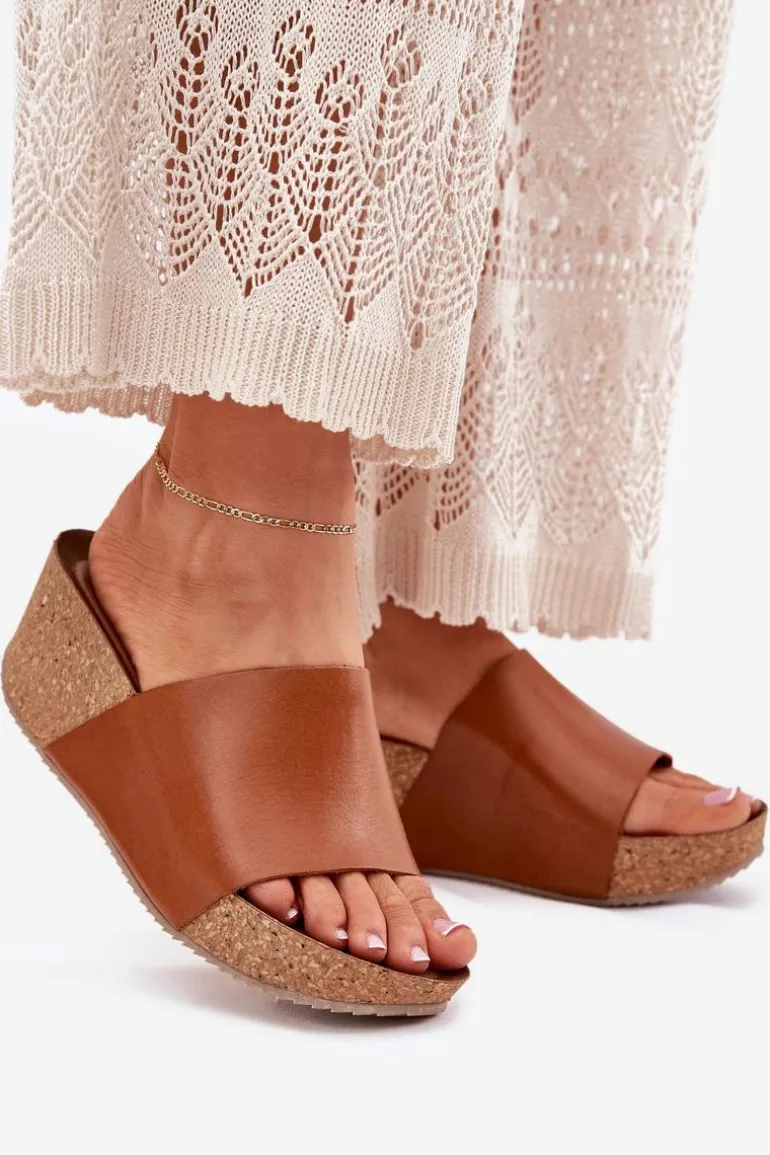 Zazoo 40291 Skórzane Klapki Damskie Na Korkowym Koturnie Brązowe