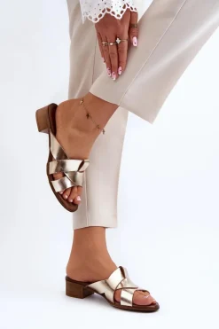 Zazoo 40236 Skórzane Klapki Damskie Na Niskim Obcasie Złote