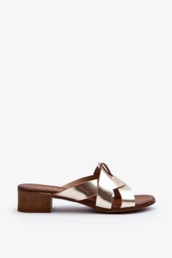 Zazoo 40236 Skórzane Klapki Damskie Na Niskim Obcasie Złote