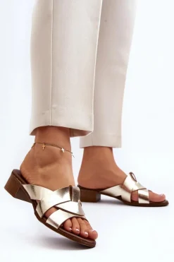 Zazoo 40236 Skórzane Klapki Damskie Na Niskim Obcasie Złote