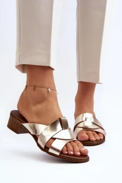 Zazoo 40236 Skórzane Klapki Damskie Na Niskim Obcasie Złote