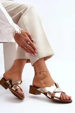 Zazoo 40236 Skórzane Klapki Damskie Na Niskim Obcasie Złote