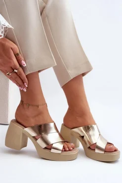 Zazoo 40373 Skórzane Klapki Na Klocku Złote